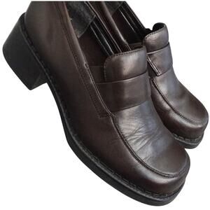 Vintage 90s Y2K Chocolate Brown Leather Loafer Heel Chunky Platform Women 7.5